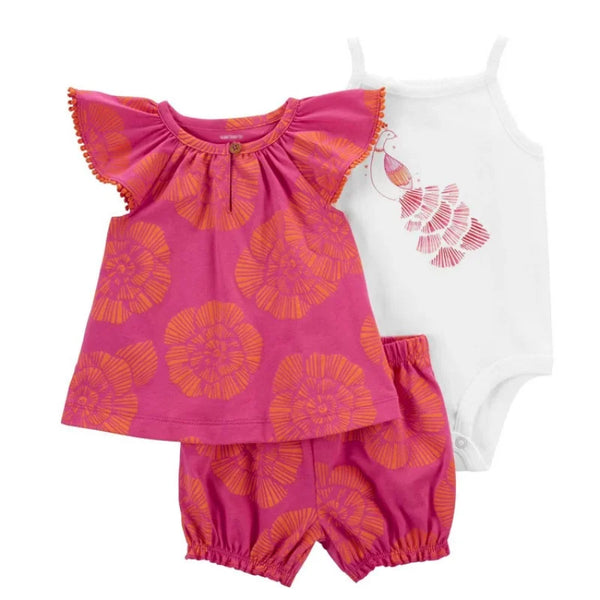 Conjunto Bebê Menina 3 Peças Vestido  com Estampas E Tapa Fralda  E Body  Bordado