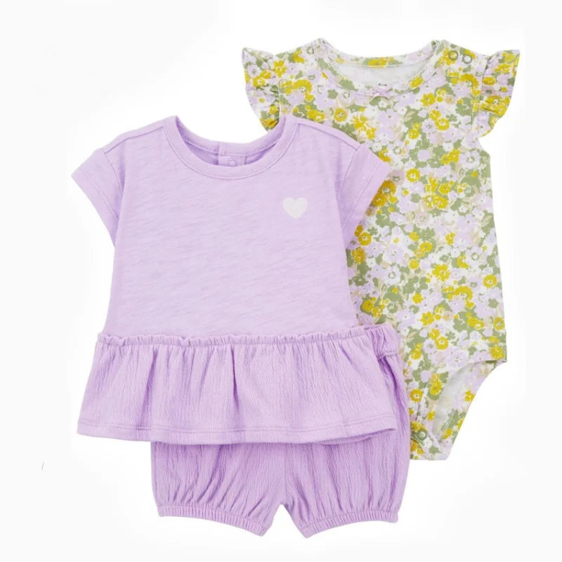 Conjunto Bebê Menina 3 Peças Vestido  com Estampas E Tapa Fralda  E Body  Bordado