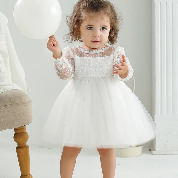 Vestido Bebê Menina Daminha Renda Manga Longa com Saia Rodada