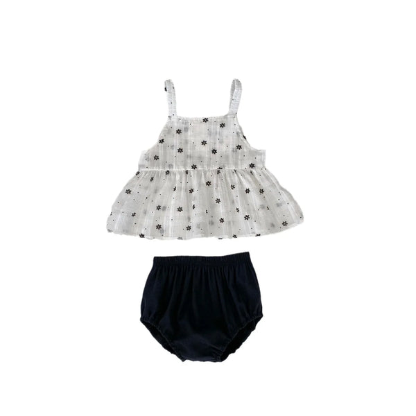 Conjunto Bebê Menina 2 Peças Blusa Branca Estampada Florzinhas E Short Bloomer Preto