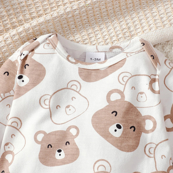 Conjunto Bebê  Menina 4 Peças Body Manga Longa Estampado Ursinho e Calça com Punho E Touca E Meias