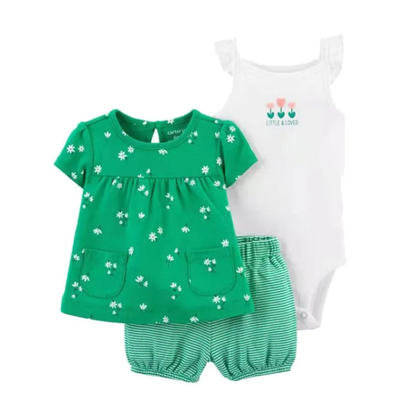 Conjunto Bebê Menina 3 Peças Vestido  com Estampas E Tapa Fralda  E Body  Bordado
