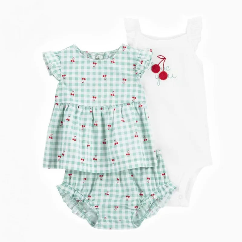 Conjunto Bebê Menina 3 Peças Vestido  com Estampas E Tapa Fralda  E Body  Bordado