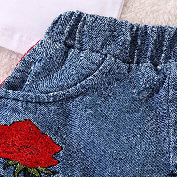 Conjunto Infantil Menina Camiseta Manga Curta Estampa Frase e Rosas + Saia Jeans 2 Peças