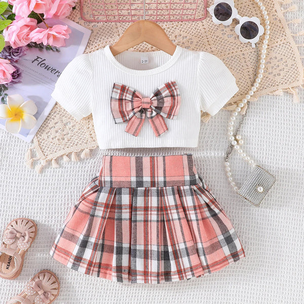 Conjunto Infantil Menina Blusa Cropped Canelada com Laço Xadrez + Saia Xadrez com Botões 2 Peças