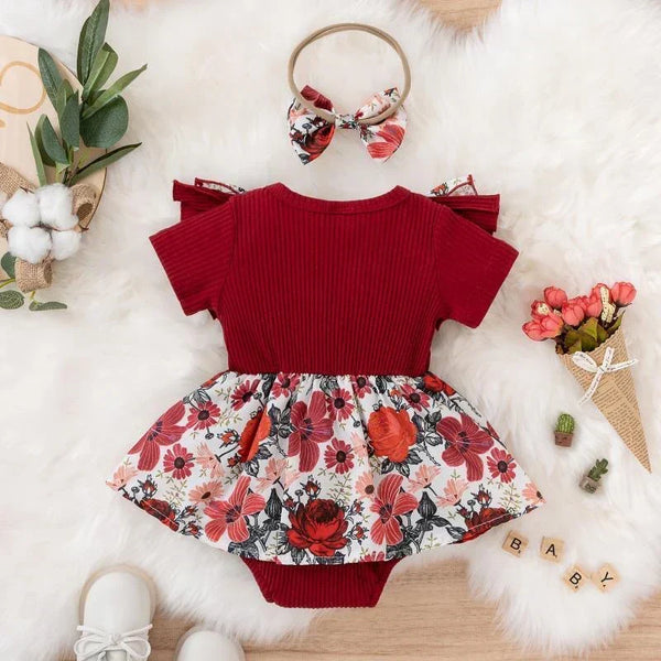 Vestido Recem Nascido Macaquinho Vestido Bebê Malha Canelada Estampa Floral com Babados e Laços