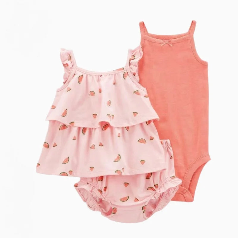 Conjunto Bebê Menina 3 Peças Vestido  com Estampas E Tapa Fralda  E Body  Bordado