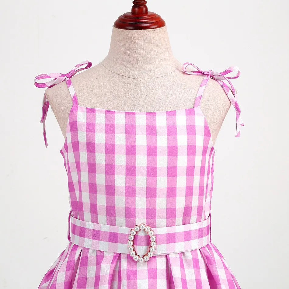 Vestido Infantil Menina Xadrez Vichy Alças com Laço Saia Rodada