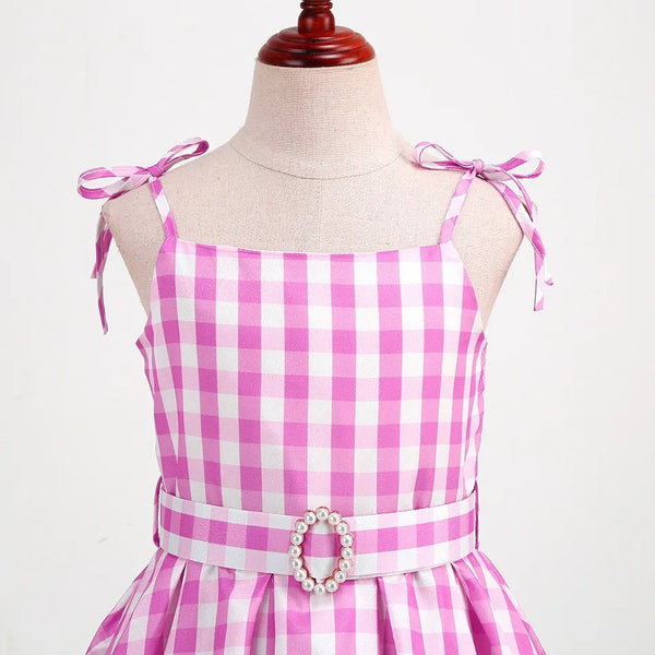Vestido Infantil Menina Xadrez Vichy Alças com Laço Saia Rodada