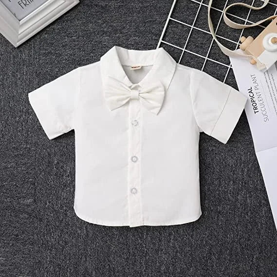 Conjunto Bebê Batizado Branco Jardineira com Suspensório e Camisa Manga Curta