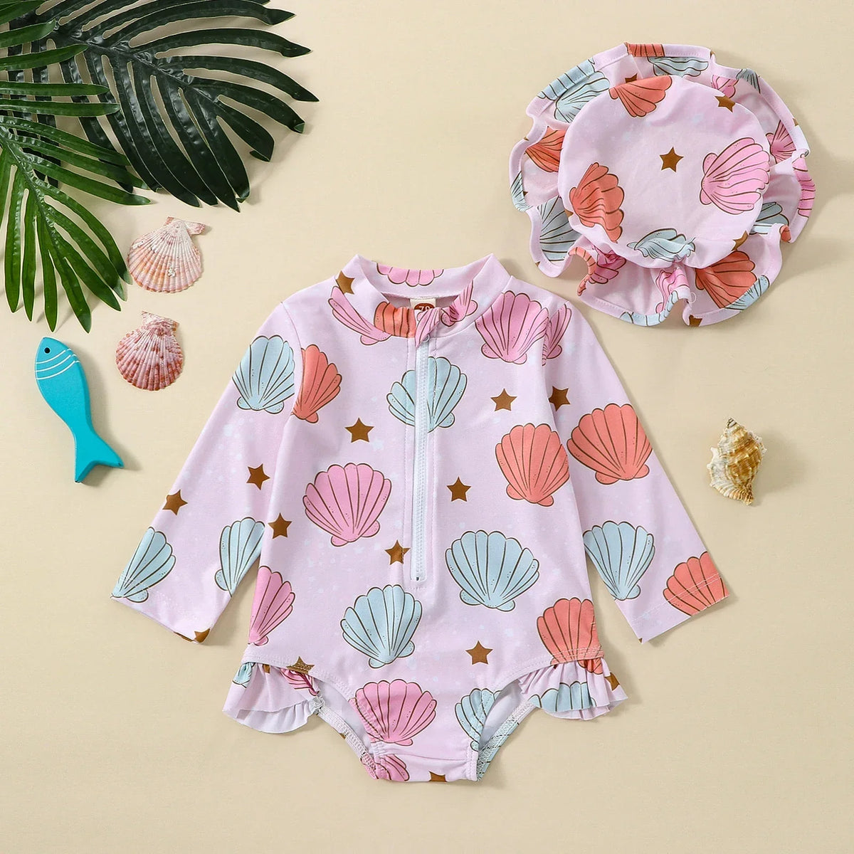 Maiô Bebê Menina Manga Longa com Zíper Frontal Estampa Floral e Babado