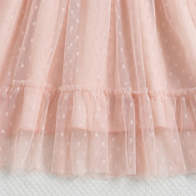 Vestido Infantil Rosê de Tule com Babados e Laço na Cintura