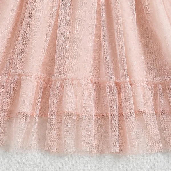 Vestido Infantil Rosê de Tule com Babados e Laço na Cintura