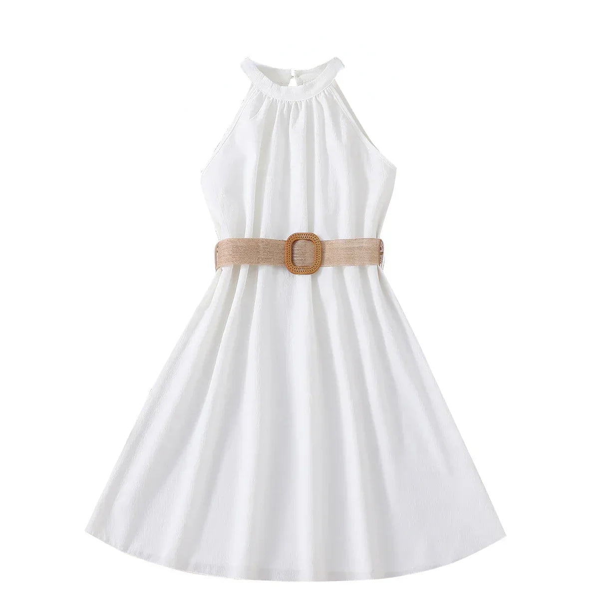Vestido Infantil Menina Gola Halter Sem Manga com Cinto e Saia Evasê