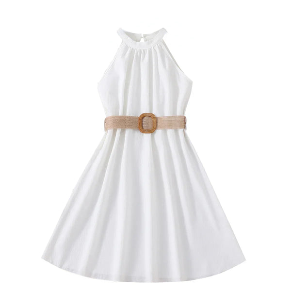Vestido Infantil Menina Gola Halter Sem Manga com Cinto e Saia Evasê