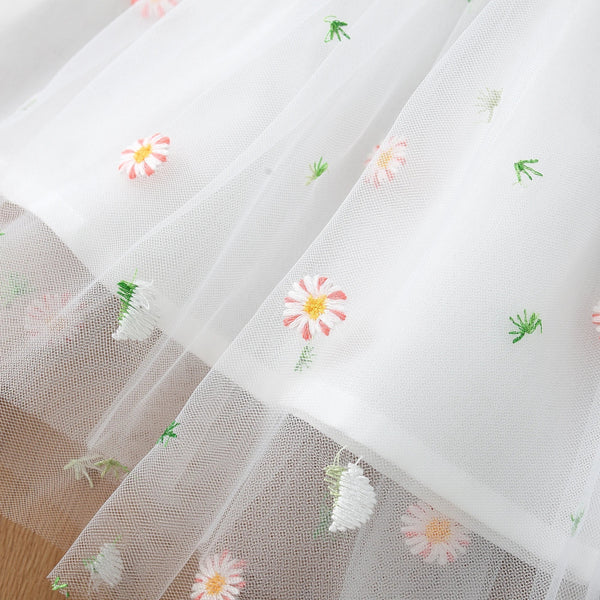 Vestido Bebê Menina Manga Curta Corpo Canelado Saia de Tule Bordado Floral