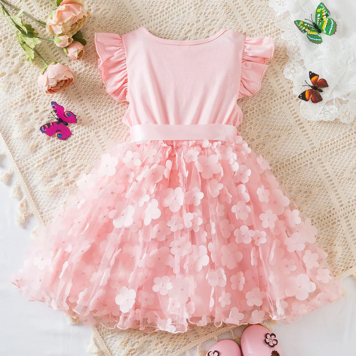 Vestido Infantil Menina de Festa com Tule e Aplicação Floral Laço na Cintura