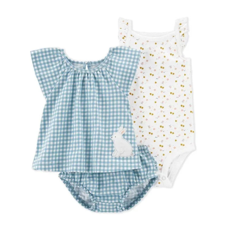 Conjunto Bebê Menina 3 Peças Vestido  com Estampas E Tapa Fralda  E Body  Bordado