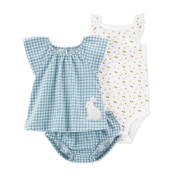 Conjunto Bebê Menina 3 Peças Vestido  com Estampas E Tapa Fralda  E Body  Bordado