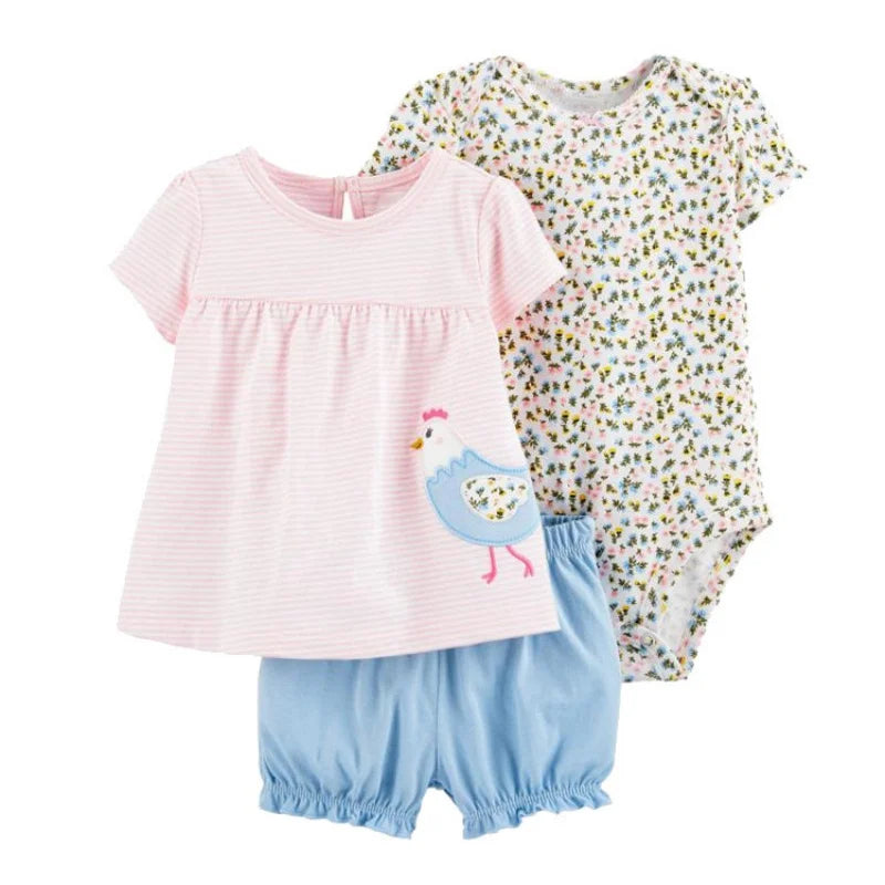 Conjunto Bebê Menina 3 Peças Vestido  com Estampas E Tapa Fralda  E Body  Bordado