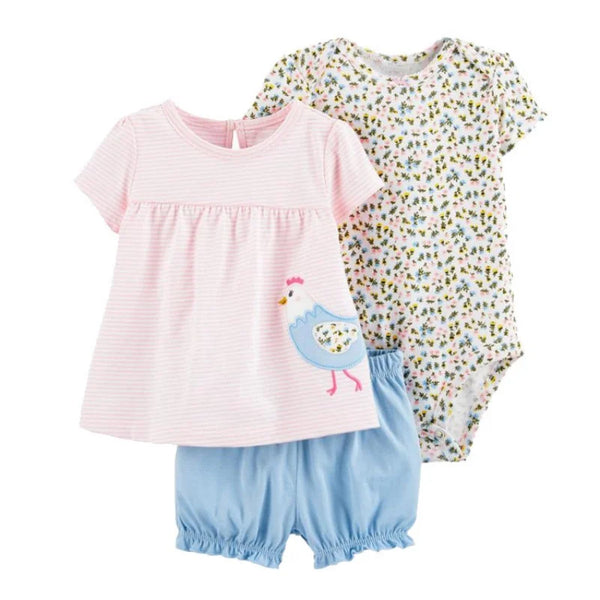 Conjunto Bebê Menina 3 Peças Vestido  com Estampas E Tapa Fralda  E Body  Bordado
