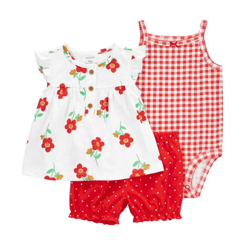 Conjunto Bebê Menina 3 Peças Vestido  com Estampas E Tapa Fralda  E Body  Bordado