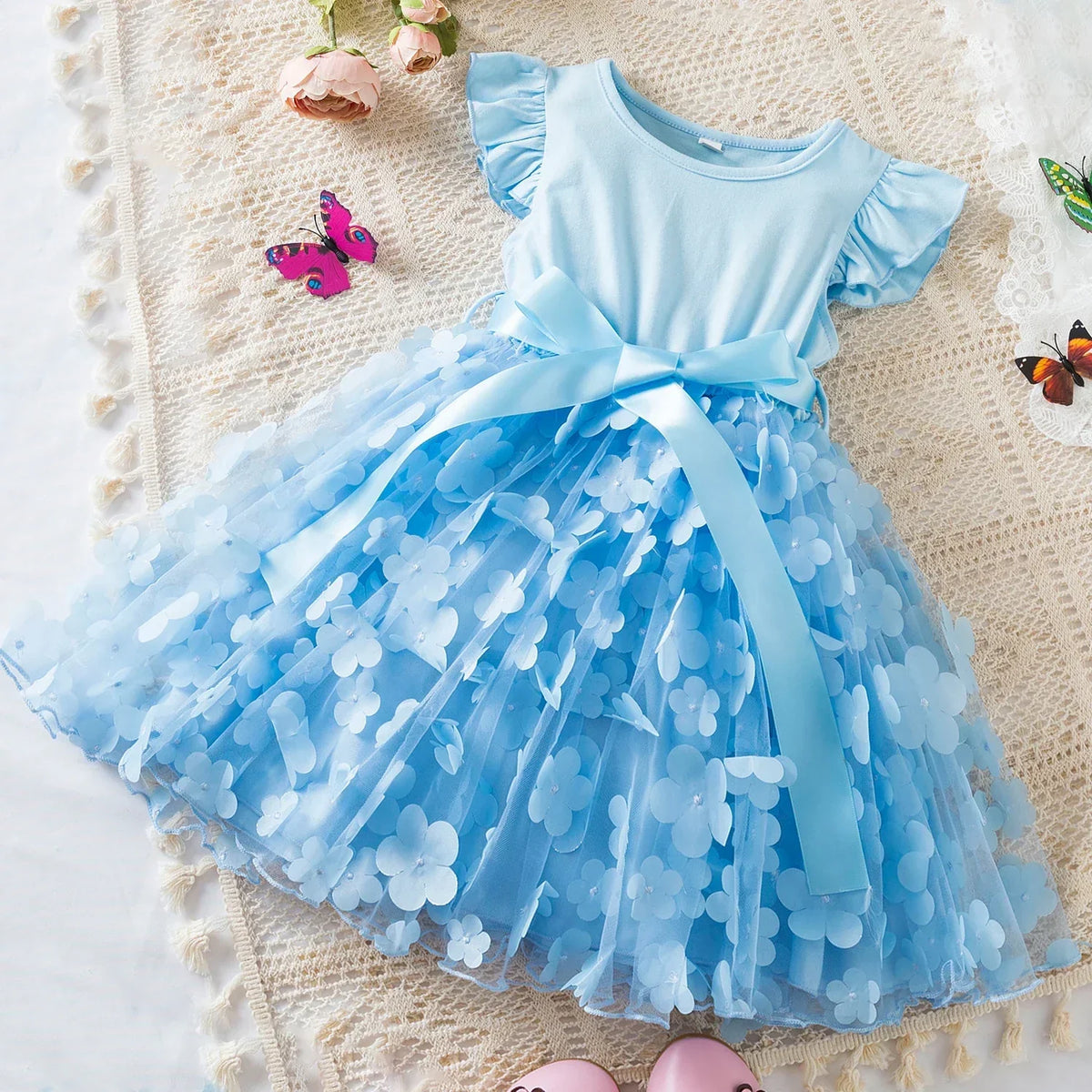 Vestido Infantil Menina de Festa com Tule e Aplicação Floral Laço na Cintura