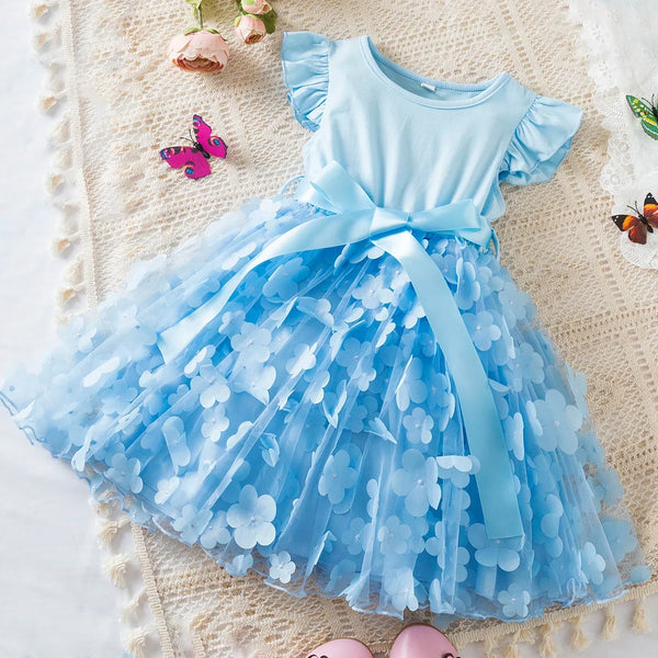 Vestido Infantil Menina de Festa com Tule e Aplicação Floral Laço na Cintura