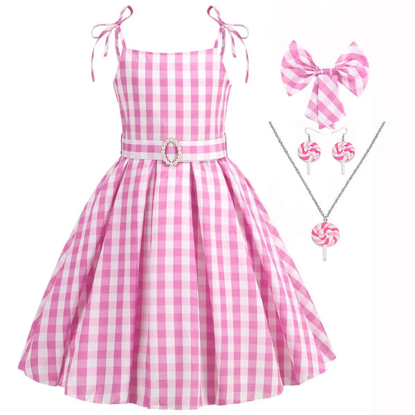 Vestido Infantil Menina Xadrez Vichy Alças com Laço Saia Rodada