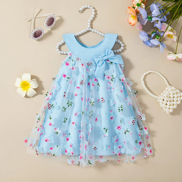 Vestido Bebê Menina Batizado Sem Manga Saia de Tule com Bordado Floral