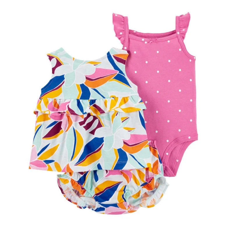 Conjunto Bebê Menina 3 Peças Vestido  com Estampas E Tapa Fralda  E Body  Bordado