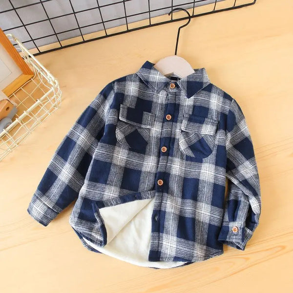 Camisa Xadrez Infantil  Manga Longa com Botões e Bolsos Frontais
