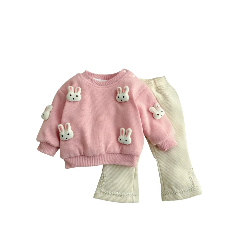 Conjunto Bebê menina 2 Peças Blusa Manga Longa com Aplique Coelhinho e Calça Comprida