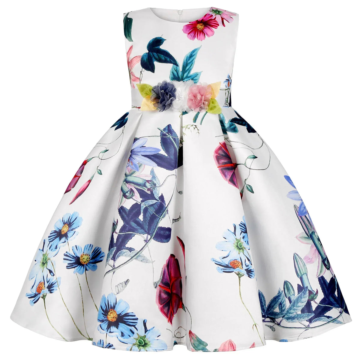 Vestido Infantil Menina Rodado Estampa Floral Sem Manga para Festa