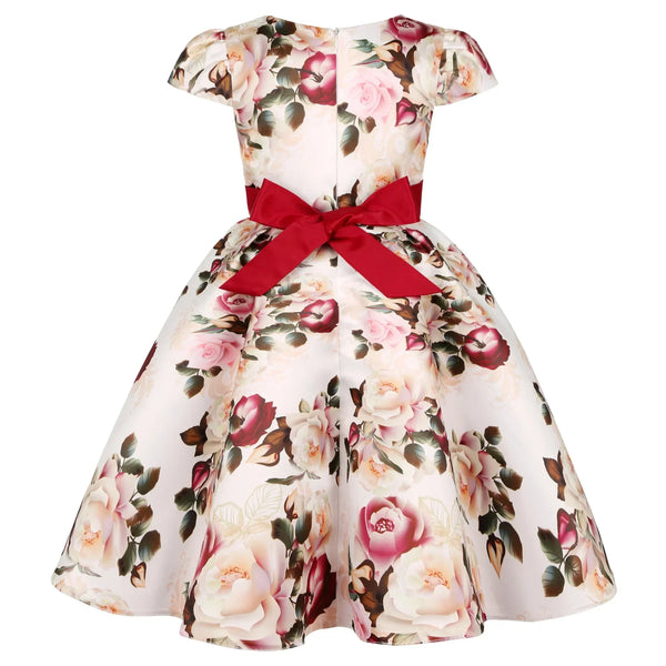 Vestido Infantil Menina Estampa Floral Manga Curta com Faixa e Laço na Cintura Saia Rodada