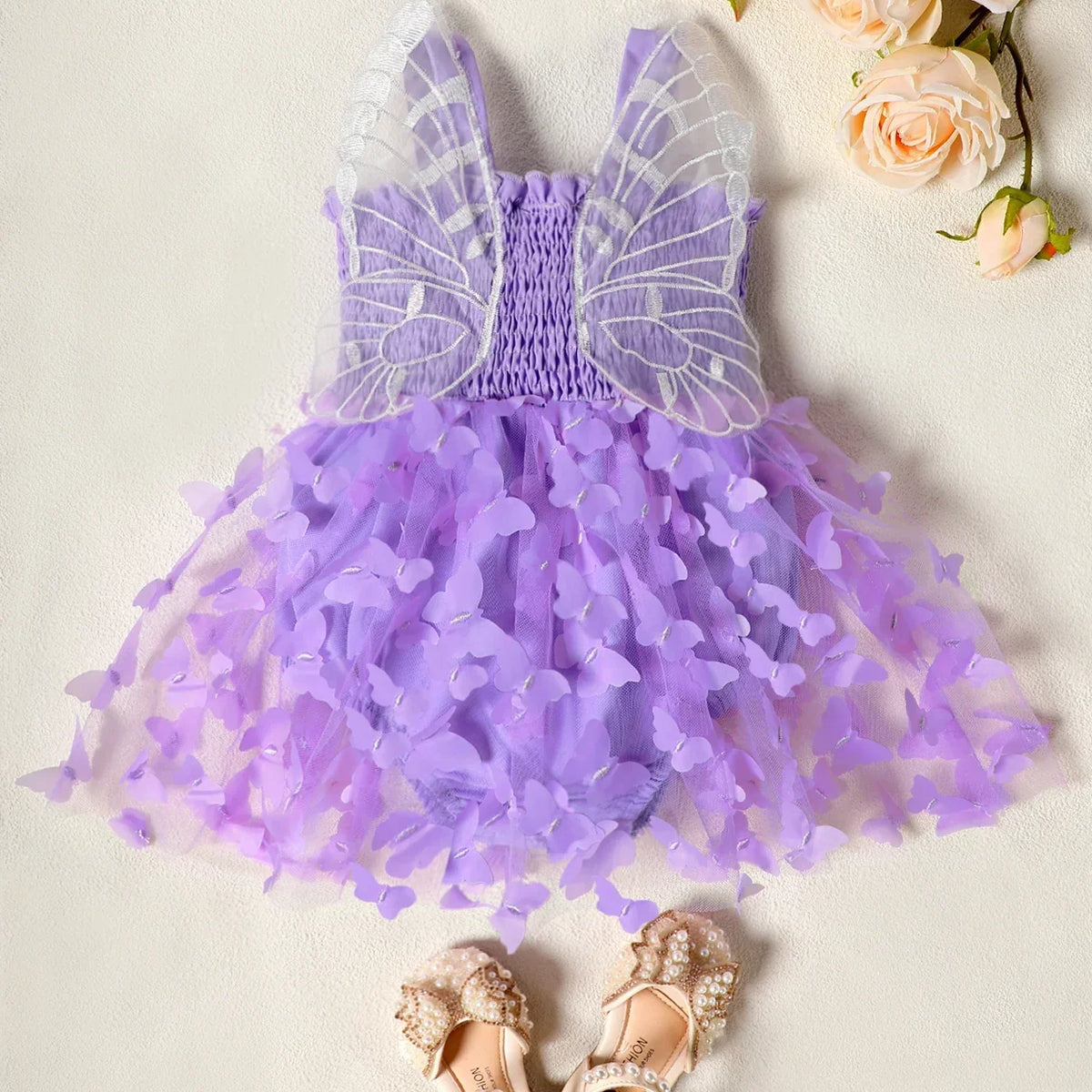Vestido Bebê Menina Alças Busto Lastex Saia de Tule com Apliques Borboleta