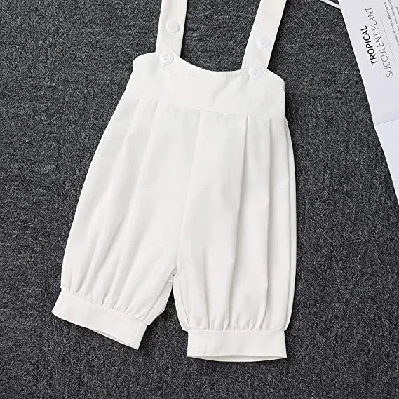 Conjunto Bebê Batizado Branco Jardineira com Suspensório e Camisa Manga Curta