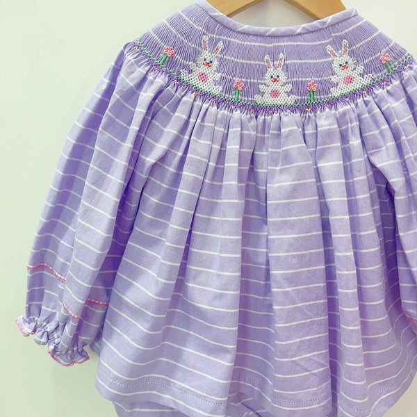 Conjunto Bebê Menina 2 Peças Blusa Listrada Lilás com Bordado Floral E Bloomer com Babado