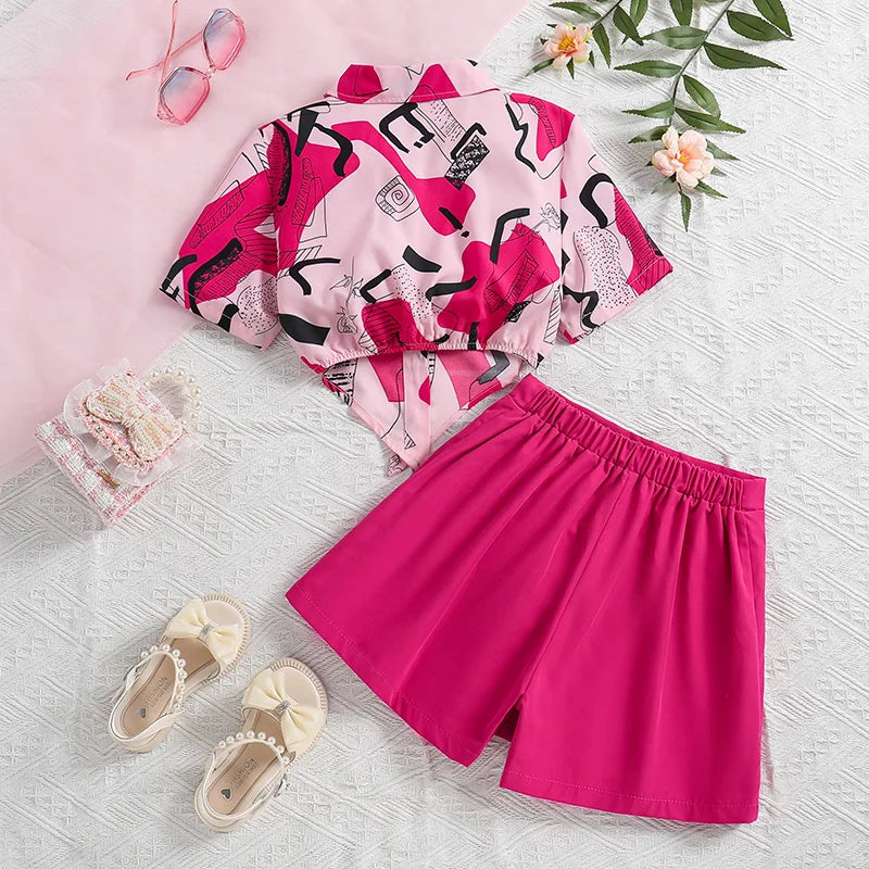 Conjunto Menina Camisa Manga Curta Estampada + Saia Short com Laço 2 Peças