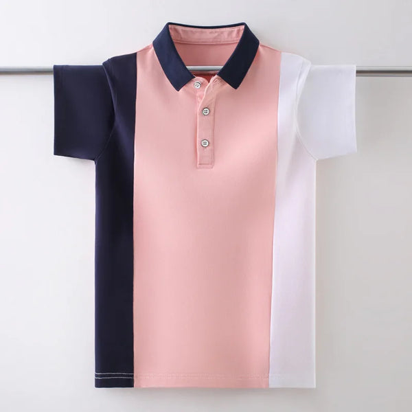 Camisa Polo Infantil Manga Curta Color Block Tricolor com Gola Contrastante