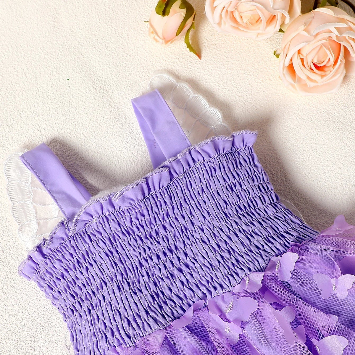 Vestido Bebê Menina Alças Busto Lastex Saia de Tule com Apliques Borboleta