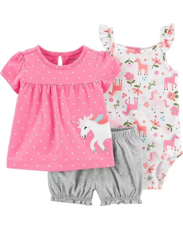 Conjunto Bebê Menina 3 Peças Vestido  com Estampas E Tapa Fralda  E Body  Bordado
