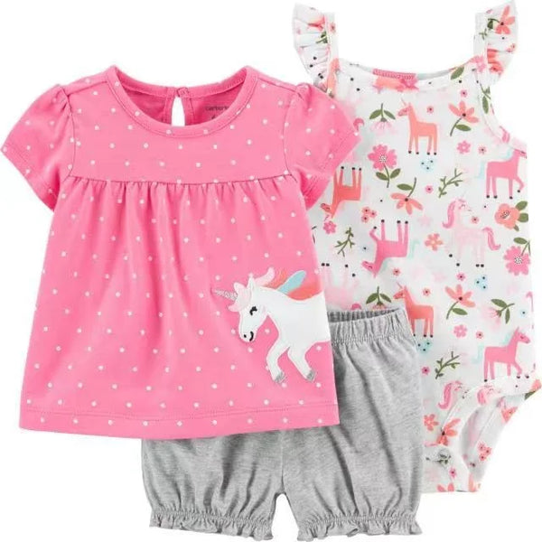 Conjunto Bebê Menina 3 Peças Vestido  com Estampas E Tapa Fralda  E Body  Bordado
