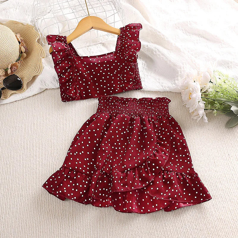 Conjunto Infantil Menina Cropped Poá com Detalhe Franzido + Saia com Babados 2 Peça