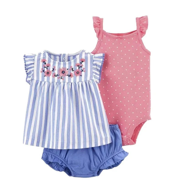 Conjunto Bebê Menina 3 Peças Vestido  com Estampas E Tapa Fralda  E Body  Bordado
