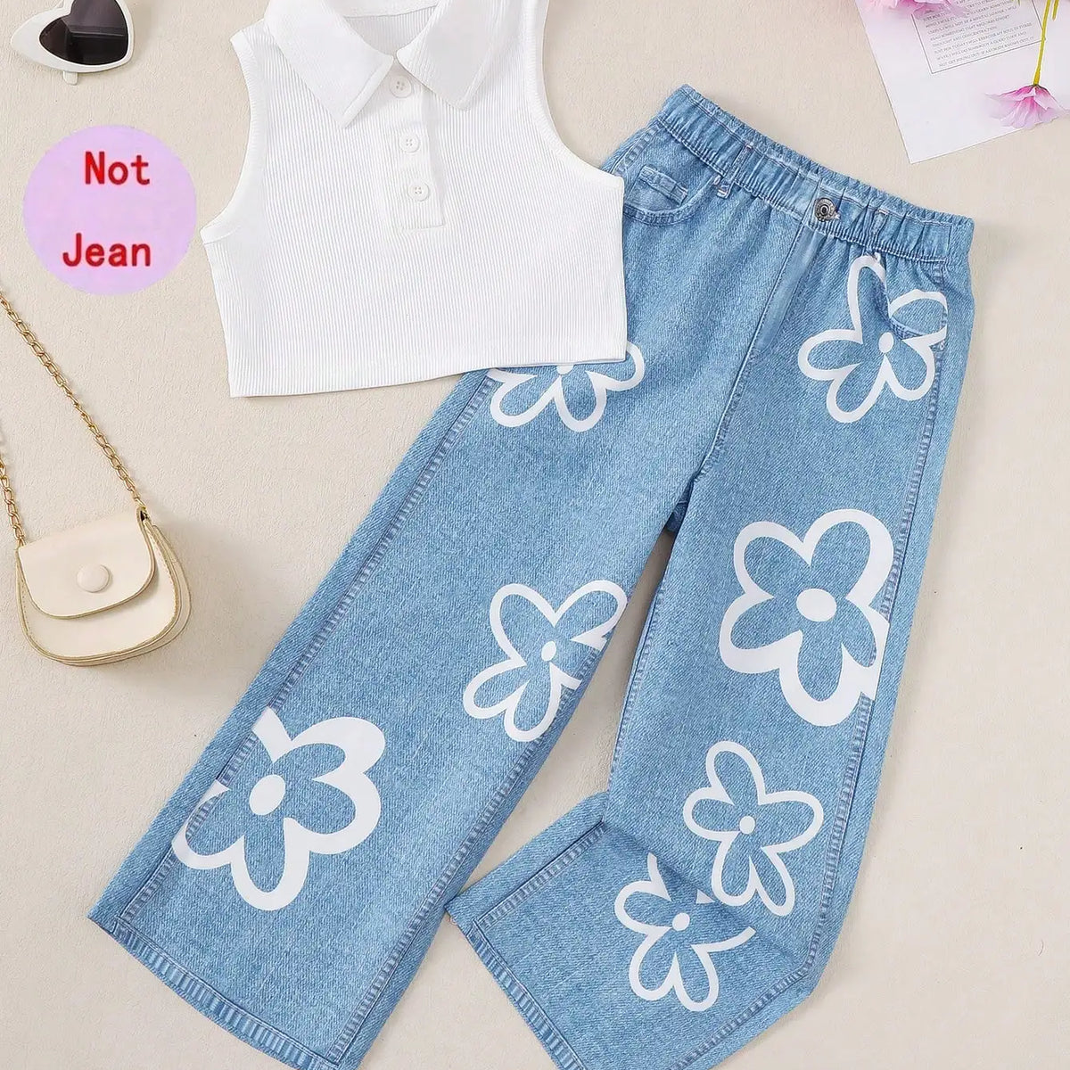 Conjunto Infantil Feminino Regata Canelada Gola Polo + Calça Reta Estampa Floral 2 Peças