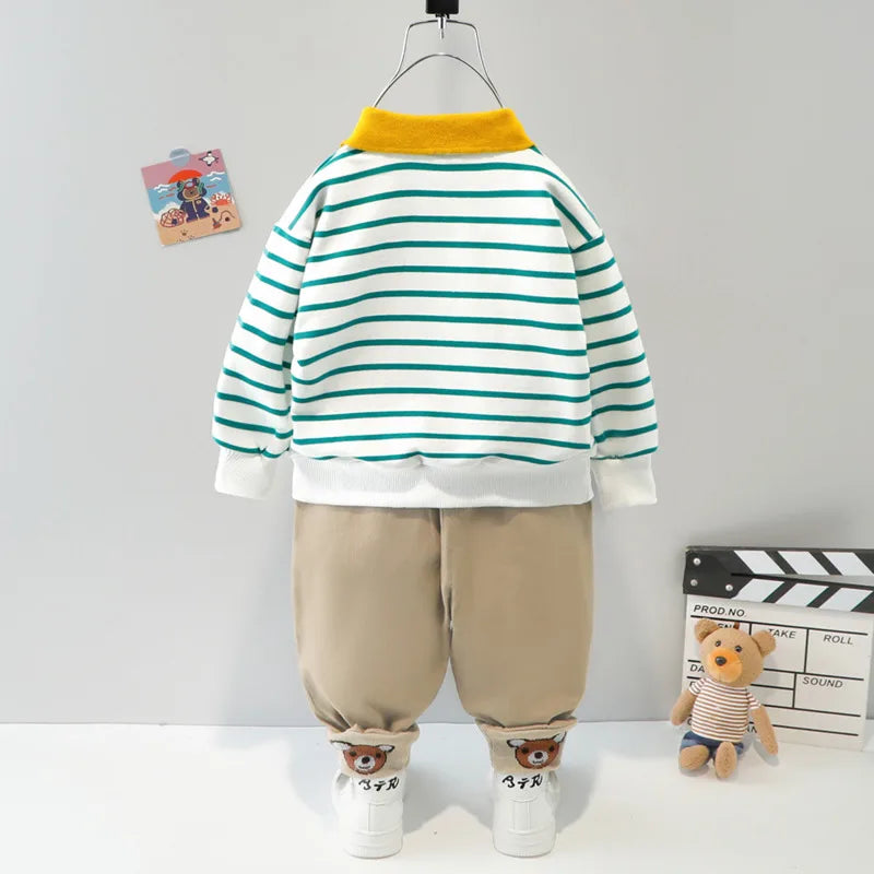 Conjunto Infantil Menino 2 Peças Blusa Polo Manga Longa Listrada  + Calça Cargo Bege
