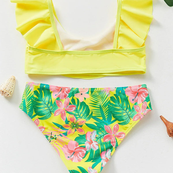 Biquíni Infantil  Menina 2 Peças Top com Babado Amarelo e Calcinha Estampa Tropical