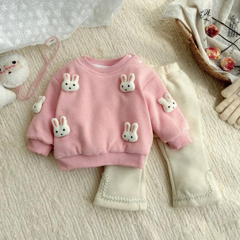 Conjunto Bebê menina 2 Peças Blusa Manga Longa com Aplique Coelhinho e Calça Comprida