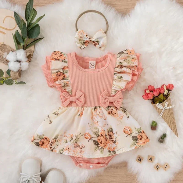 Vestido Recem Nascido Macaquinho Vestido Bebê Malha Canelada Estampa Floral com Babados e Laços